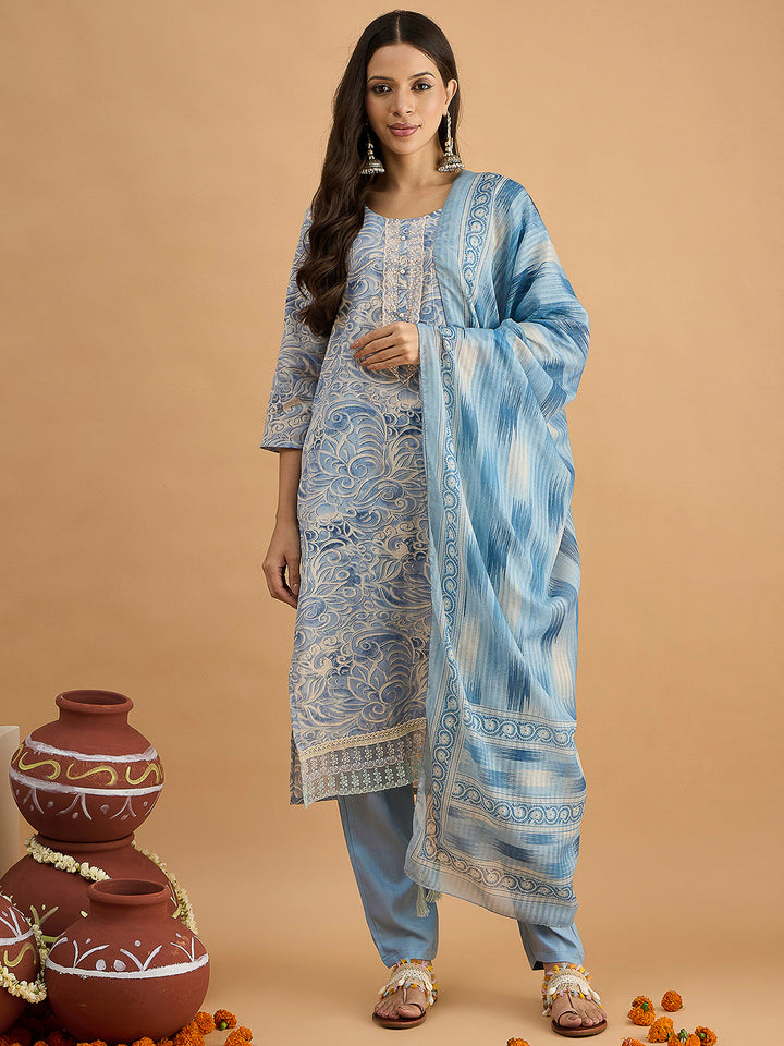 Blue Embroidered Cotton Blend Kurta With Pant &amp; Dupatta