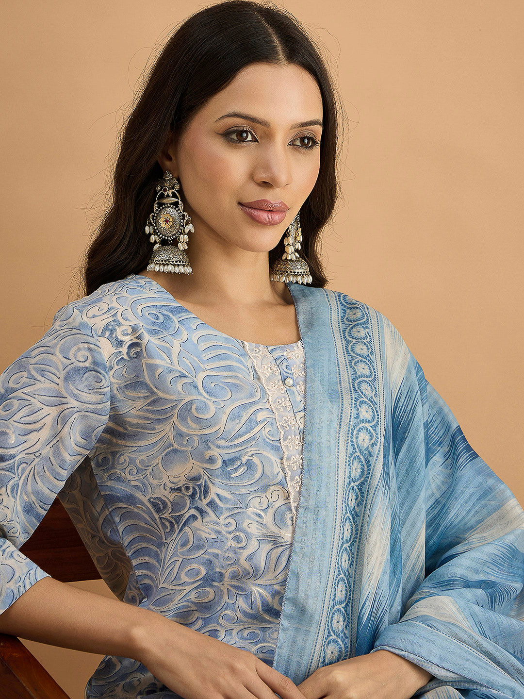 Blue Embroidered Cotton Blend Kurta With Pant &amp; Dupatta