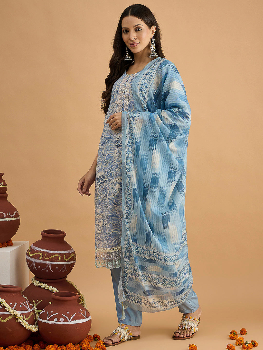Blue Embroidered Cotton Blend Kurta With Pant &amp; Dupatta