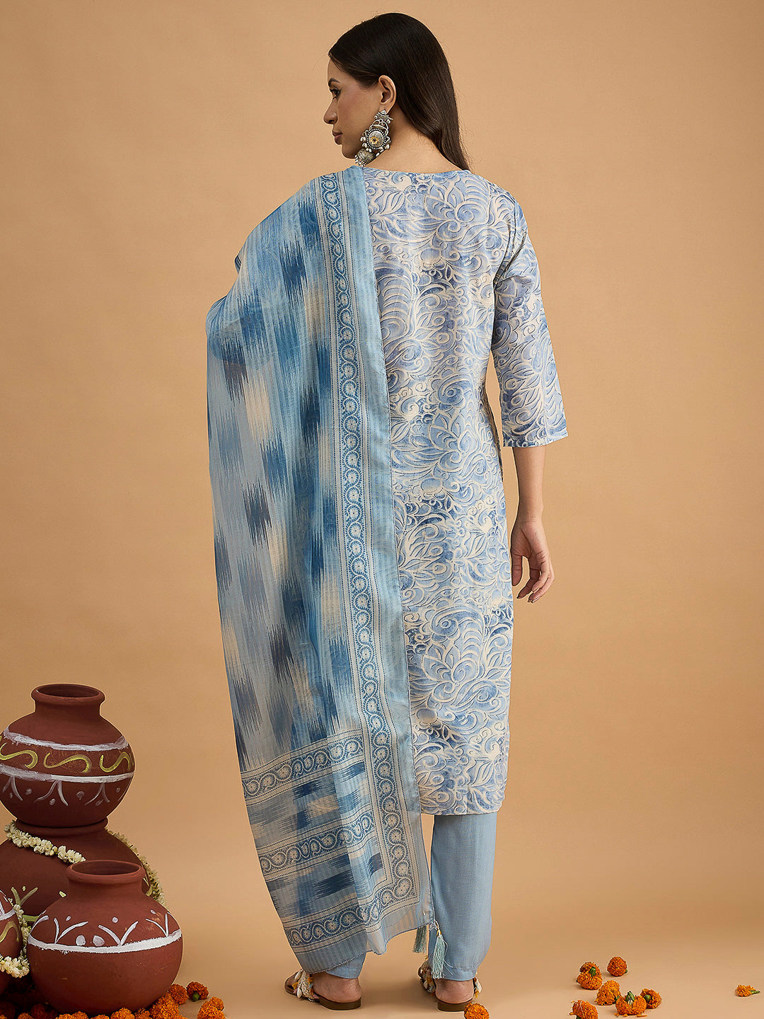 Blue Embroidered Cotton Blend Kurta With Pant &amp; Dupatta