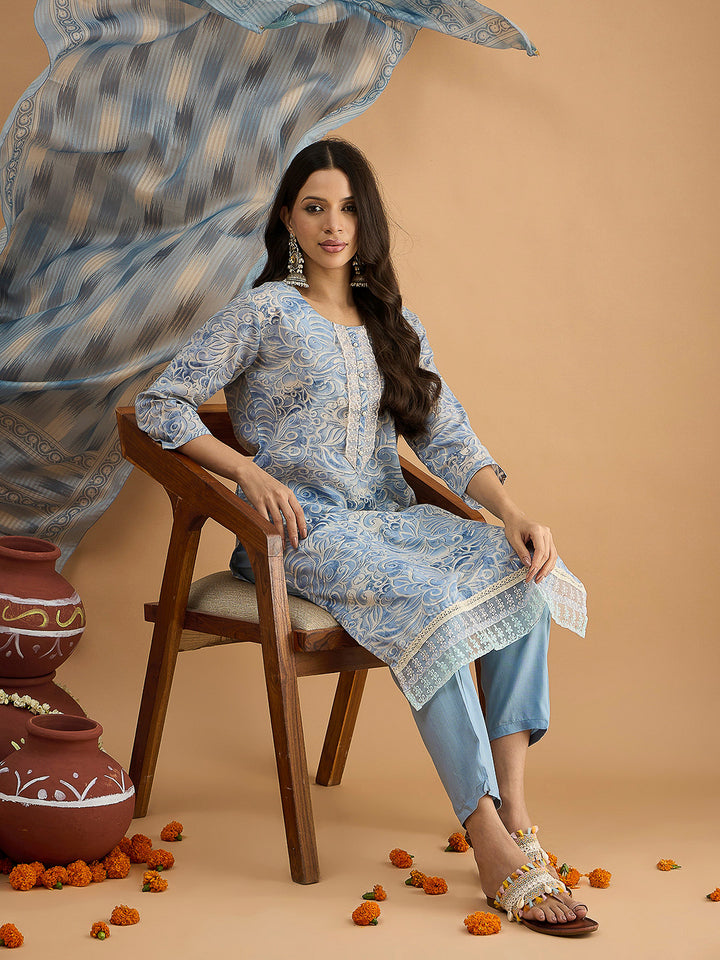 Blue Embroidered Cotton Blend Kurta With Pant &amp; Dupatta