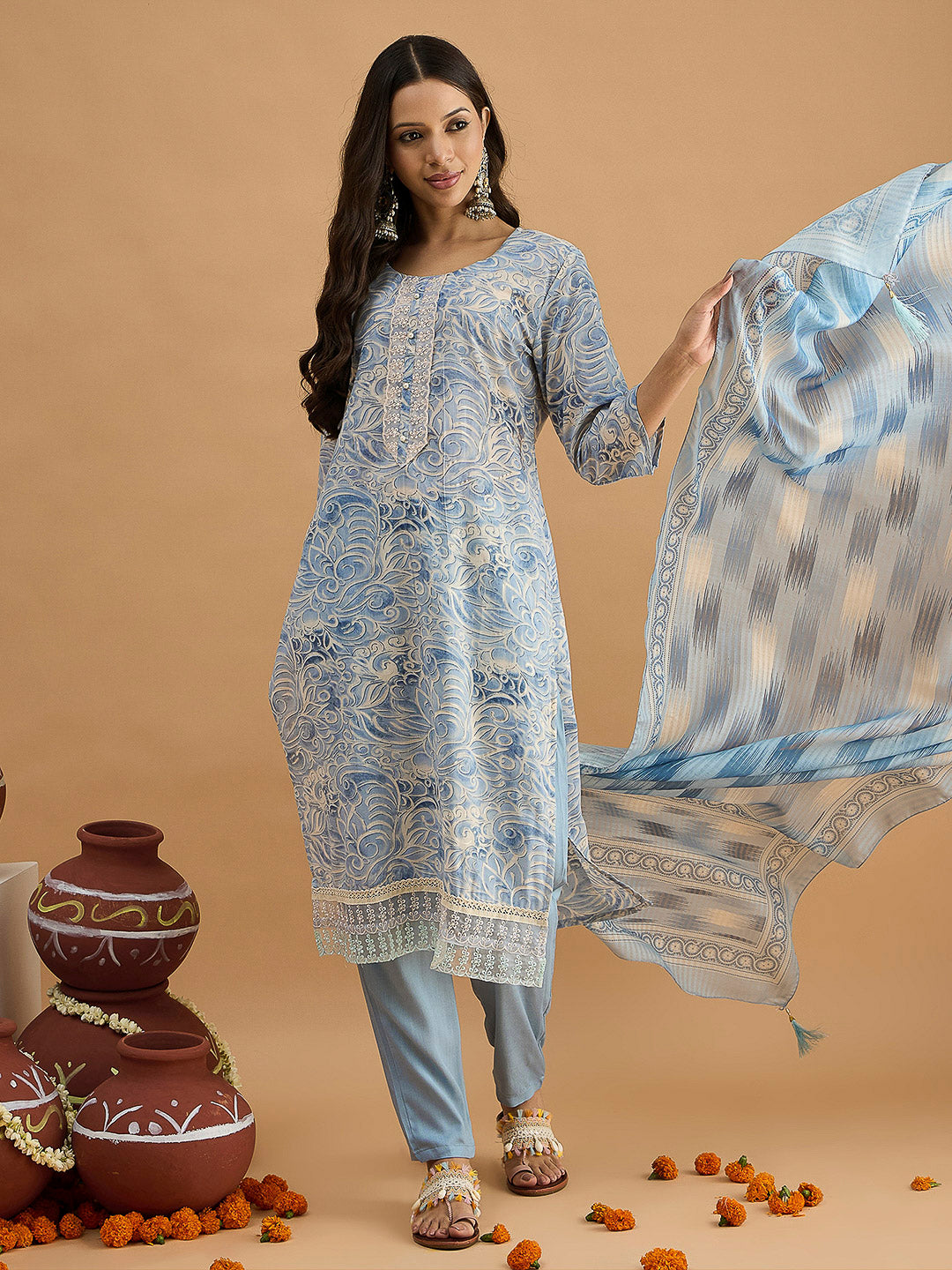 Blue Embroidered Cotton Blend Kurta With Pant &amp; Dupatta