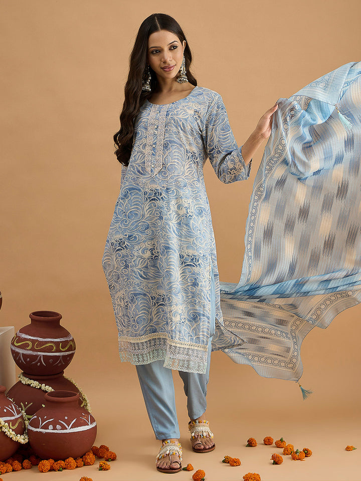 Blue Embroidered Cotton Blend Kurta With Pant &amp; Dupatta