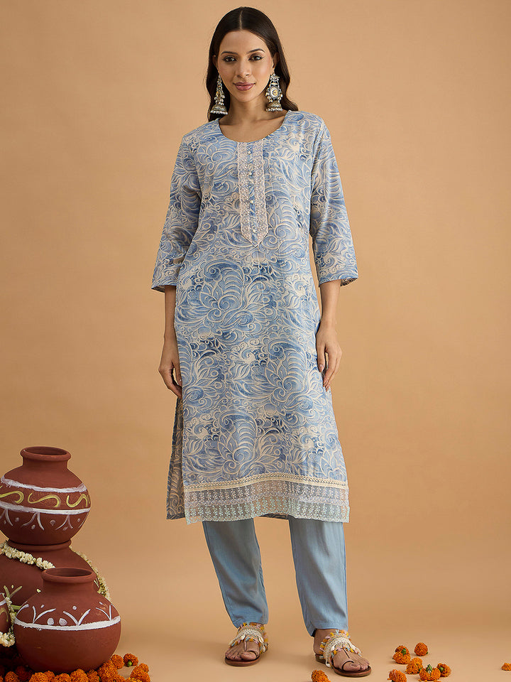 Blue Embroidered Cotton Blend Kurta With Pant &amp; Dupatta