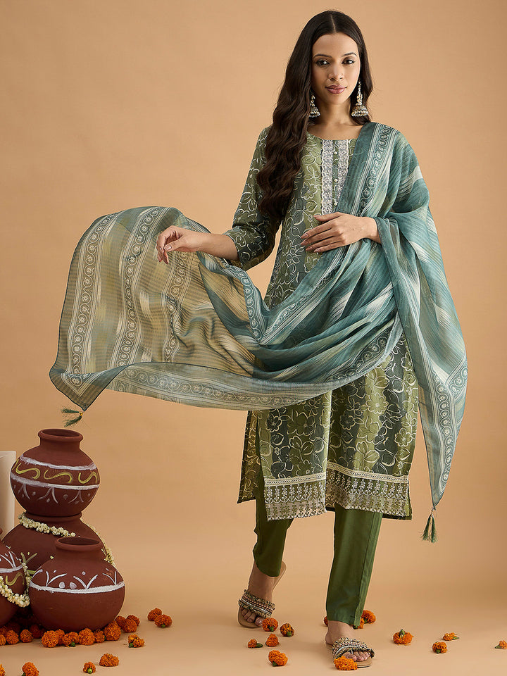 Green Embroidered Cotton Blend Kurta With Pant &amp; Dupatta