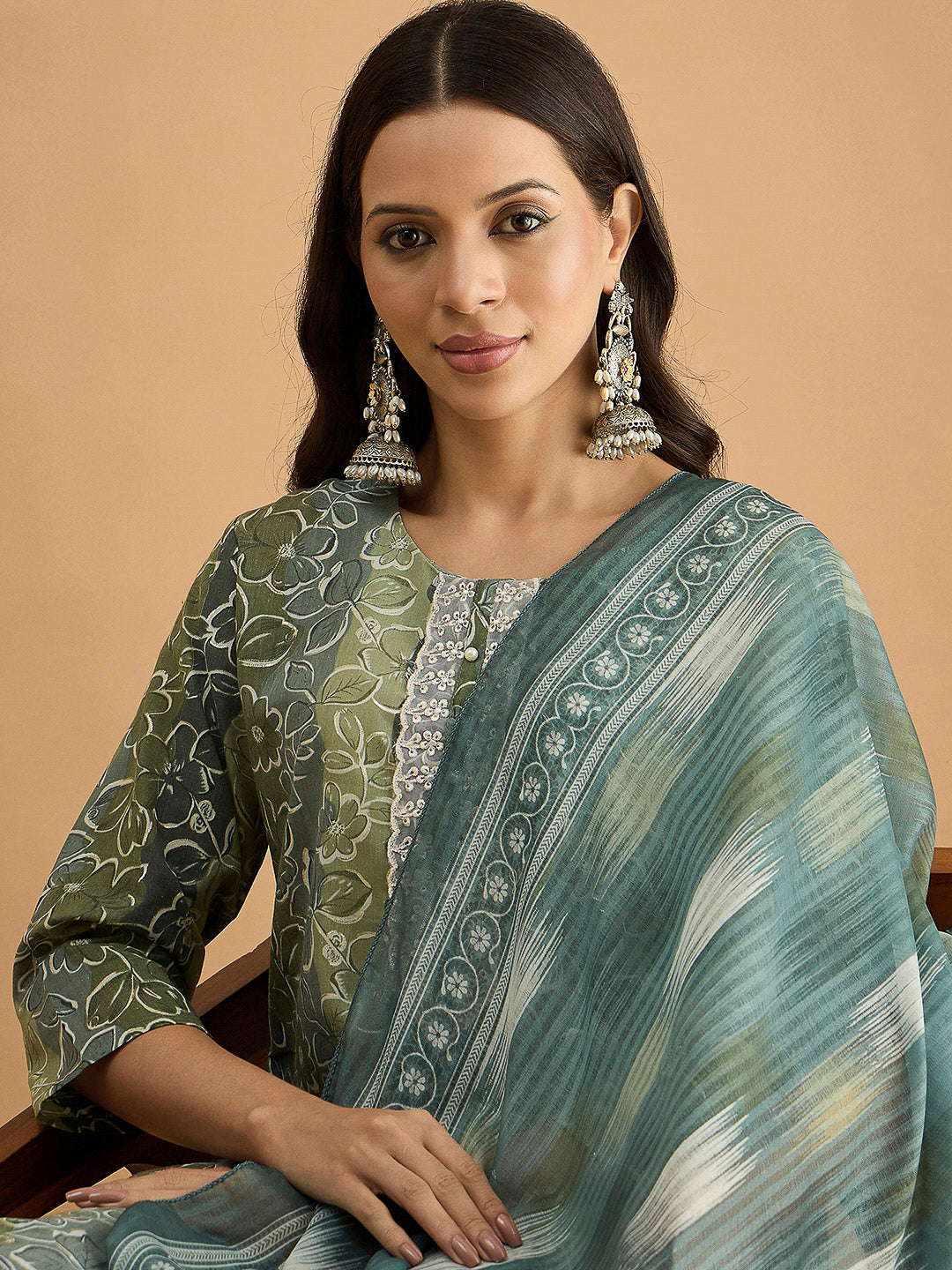 Green Embroidered Cotton Blend Kurta With Pant &amp; Dupatta