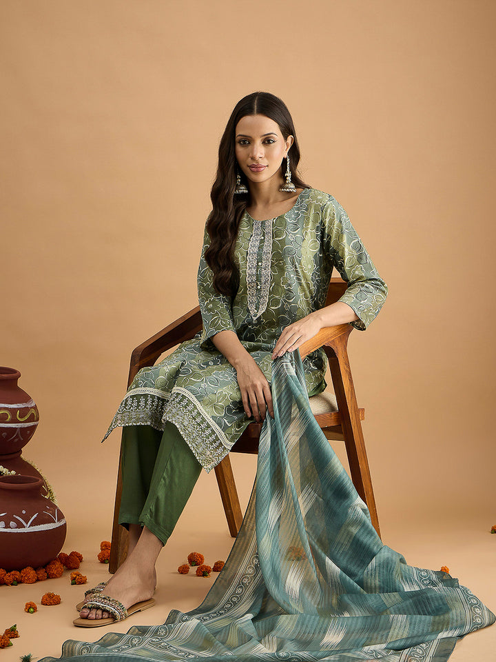 Green Embroidered Cotton Blend Kurta With Pant &amp; Dupatta