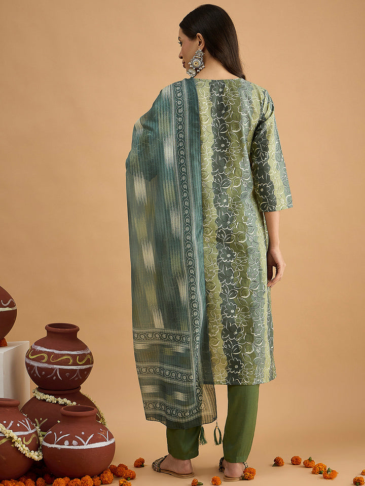 Green Embroidered Cotton Blend Kurta With Pant &amp; Dupatta