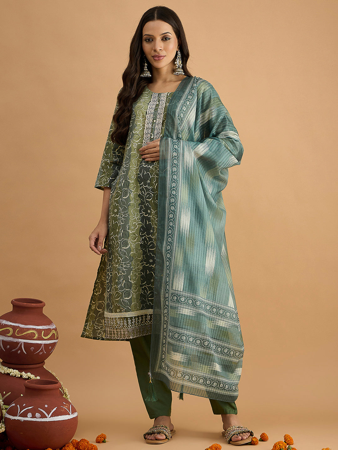 Green Embroidered Cotton Blend Kurta With Pant &amp; Dupatta