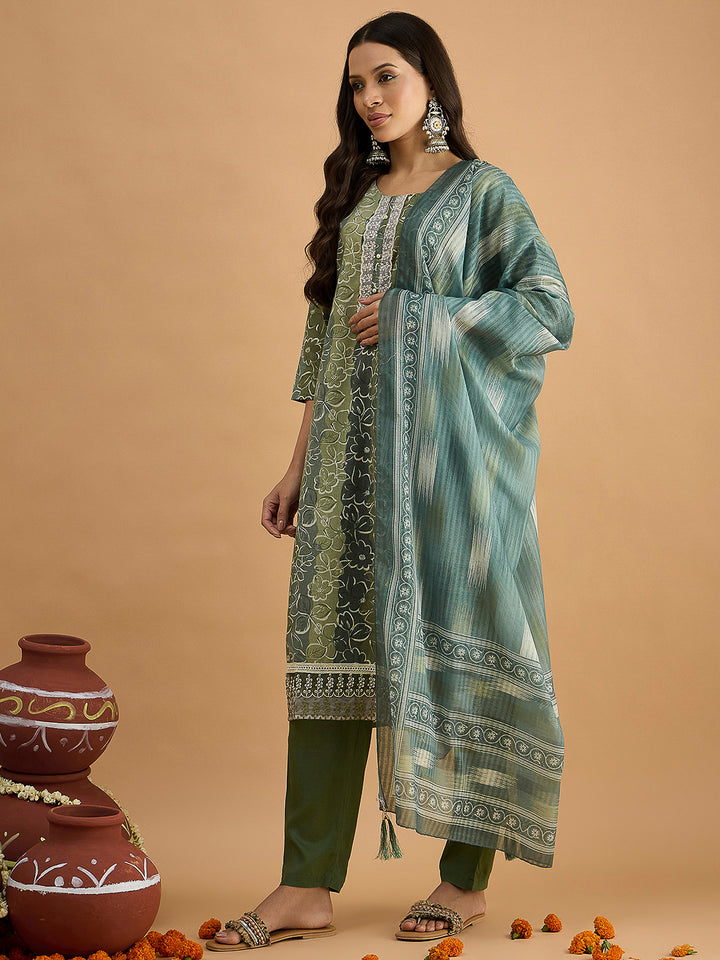 Green Embroidered Cotton Blend Kurta With Pant &amp; Dupatta