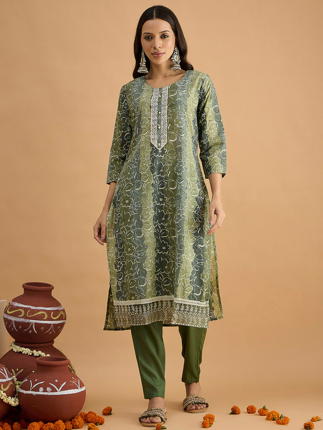 Green Embroidered Cotton Blend Kurta With Pant &amp; Dupatta