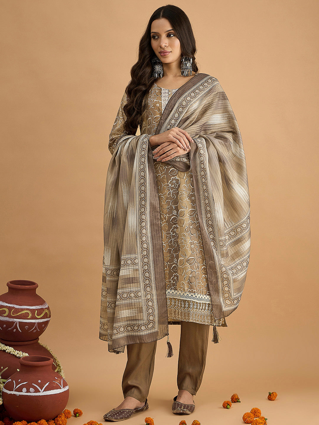 Brown Embroidered Cotton Blend Kurta With Pant &amp; Dupatta