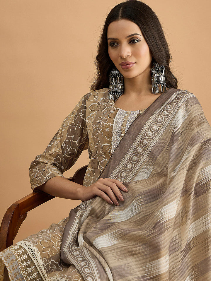 Brown Embroidered Cotton Blend Kurta With Pant &amp; Dupatta