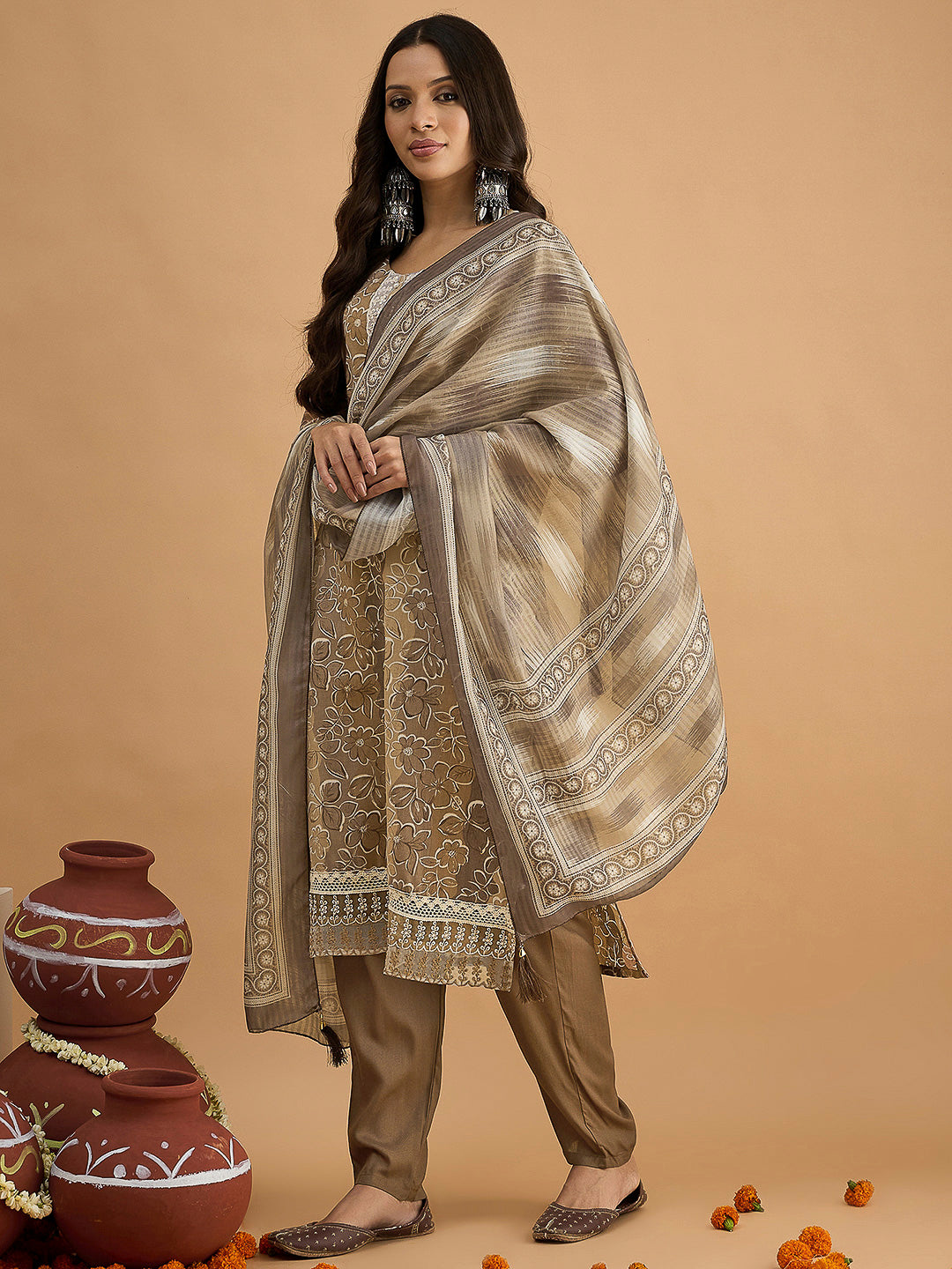 Brown Embroidered Cotton Blend Kurta With Pant &amp; Dupatta
