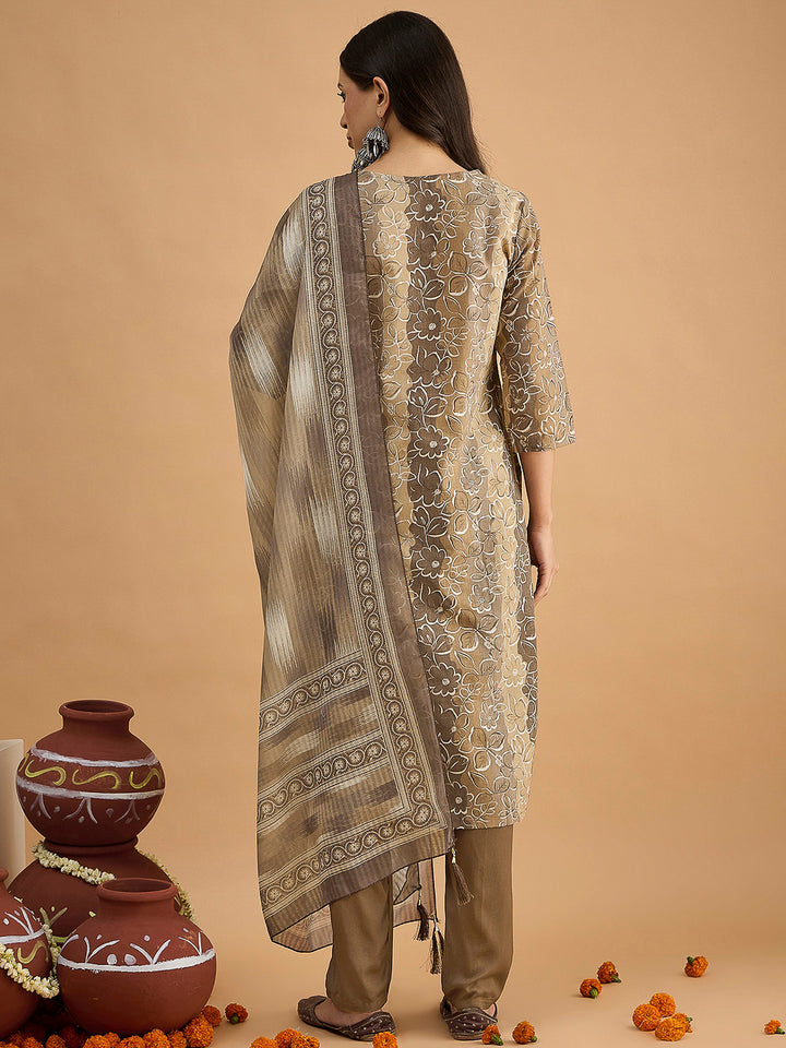Brown Embroidered Cotton Blend Kurta With Pant &amp; Dupatta