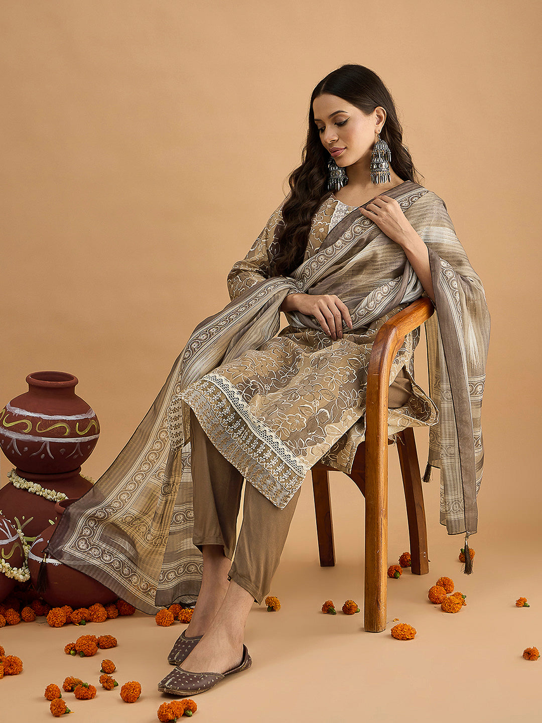 Brown Embroidered Cotton Blend Kurta With Pant &amp; Dupatta