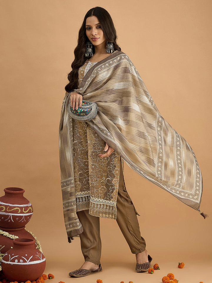 Brown Embroidered Cotton Blend Kurta With Pant &amp; Dupatta