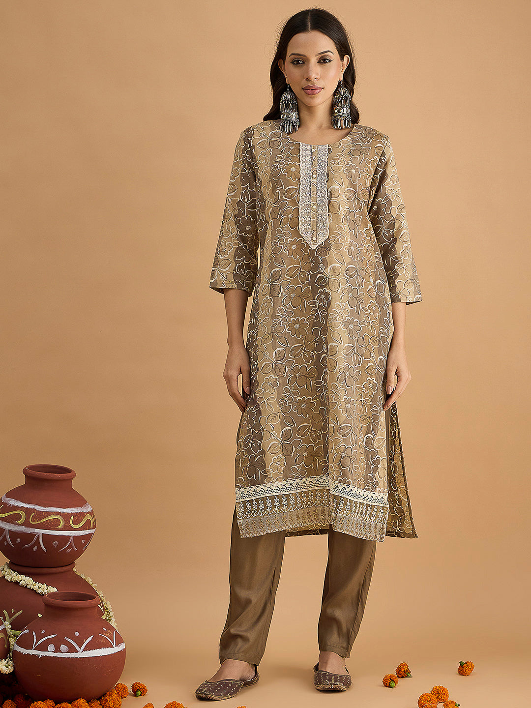 Brown Embroidered Cotton Blend Kurta With Pant &amp; Dupatta