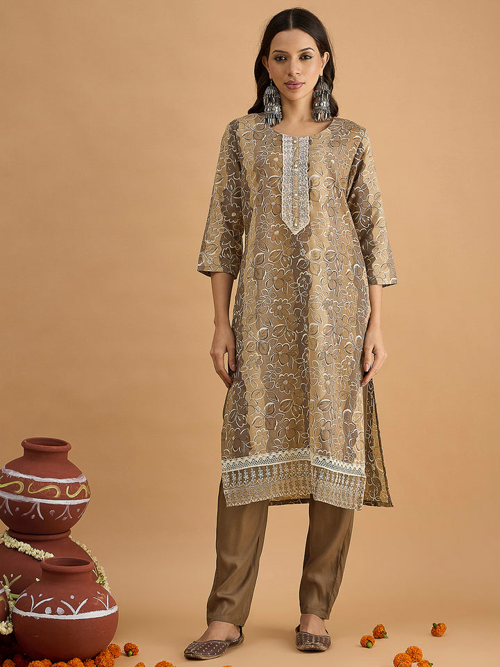 Brown Embroidered Cotton Blend Kurta With Pant &amp; Dupatta