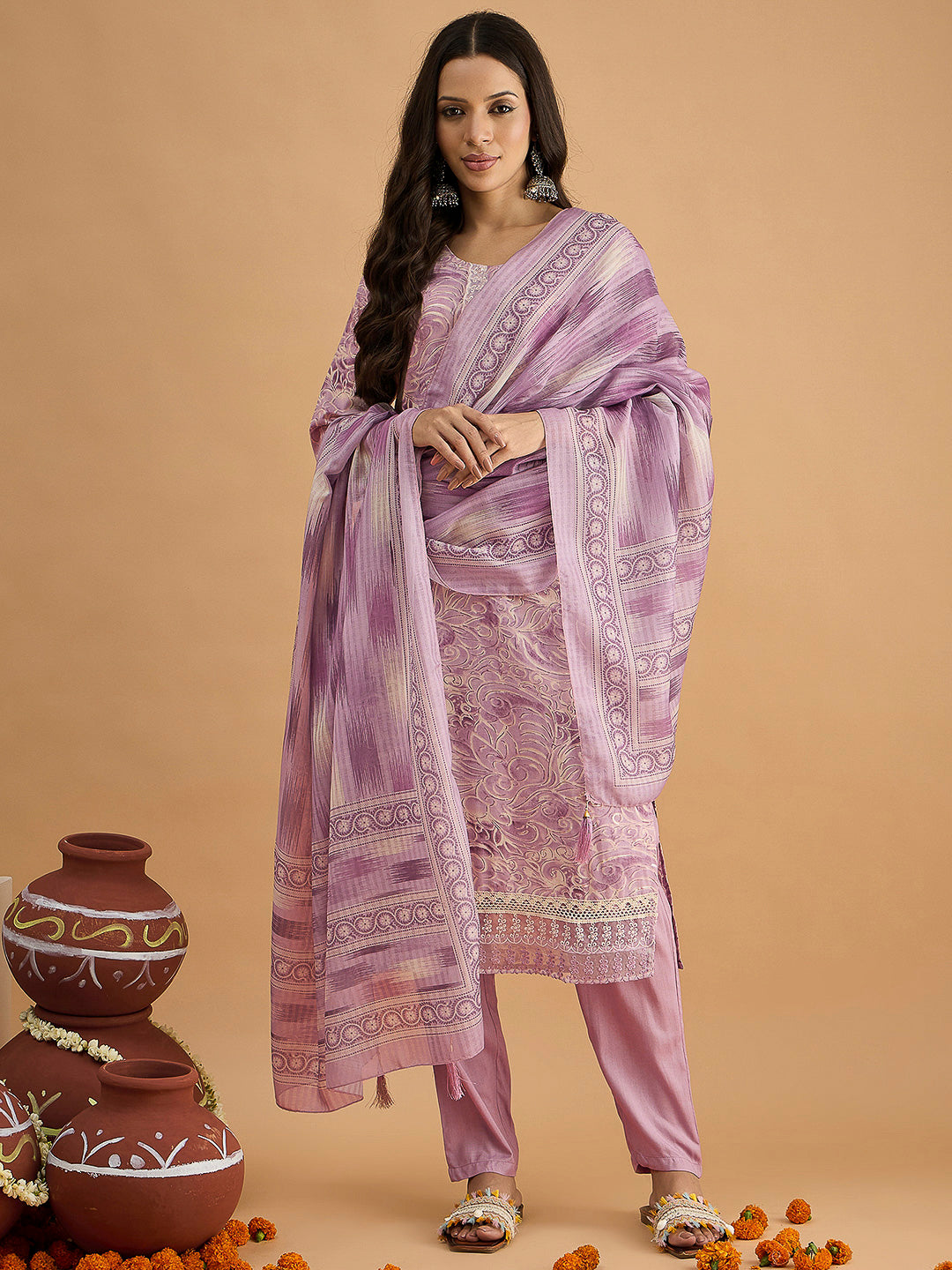 Purple Embroidered Cotton Blend Kurta With Pant &amp; Dupatta