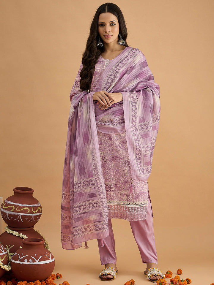 Purple Embroidered Cotton Blend Kurta With Pant &amp; Dupatta