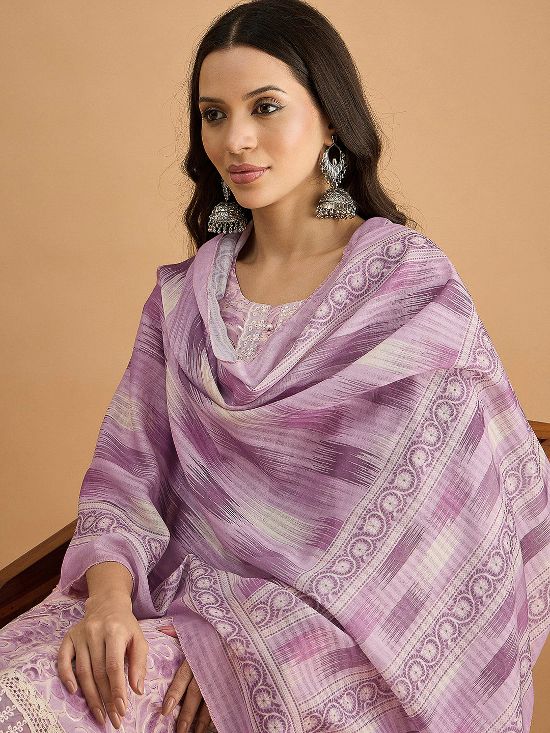 Purple Embroidered Cotton Blend Kurta With Pant &amp; Dupatta