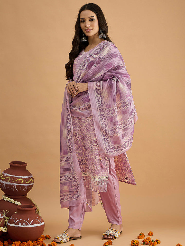 Purple Embroidered Cotton Blend Kurta With Pant &amp; Dupatta