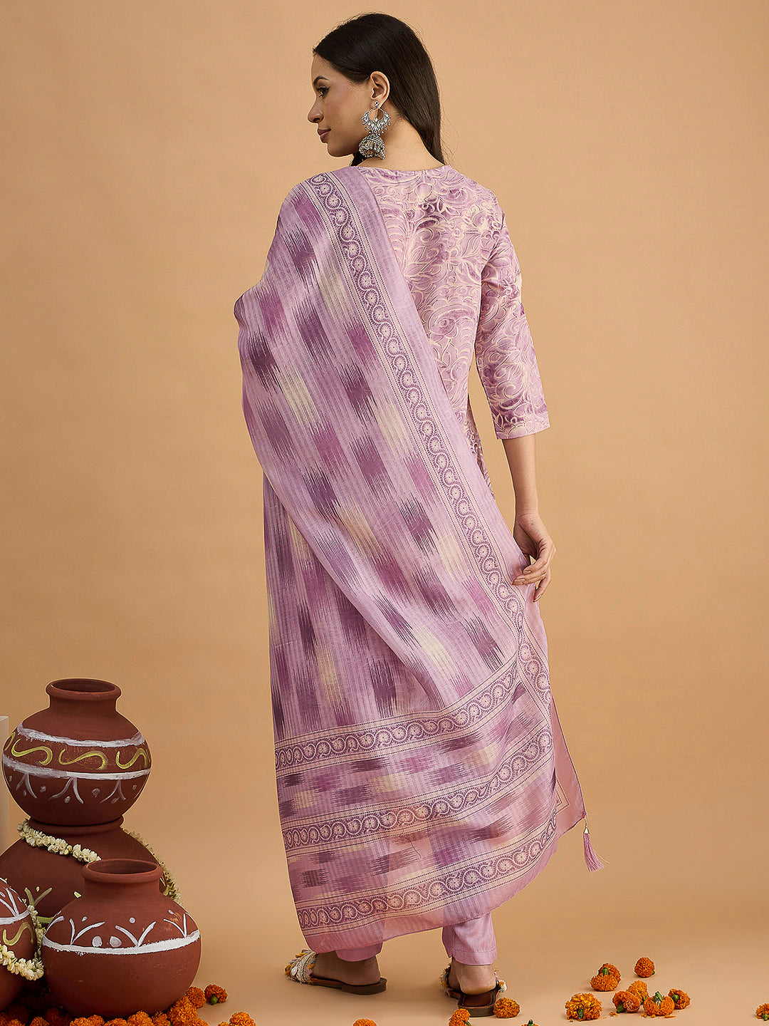 Purple Embroidered Cotton Blend Kurta With Pant &amp; Dupatta