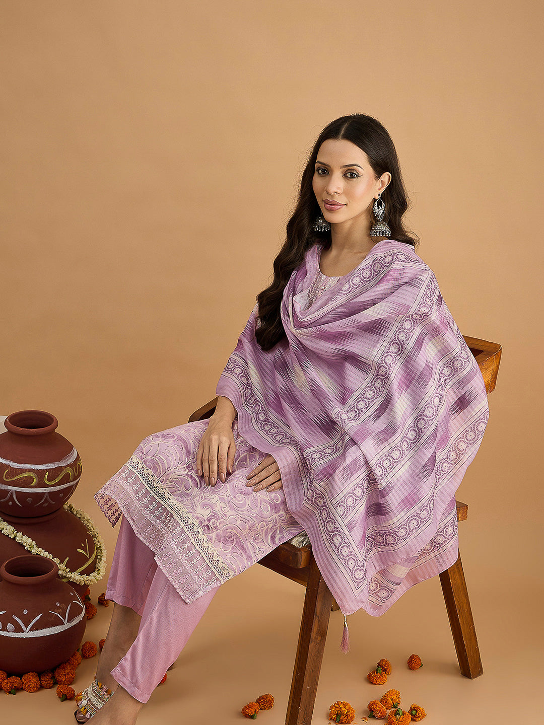 Purple Embroidered Cotton Blend Kurta With Pant &amp; Dupatta
