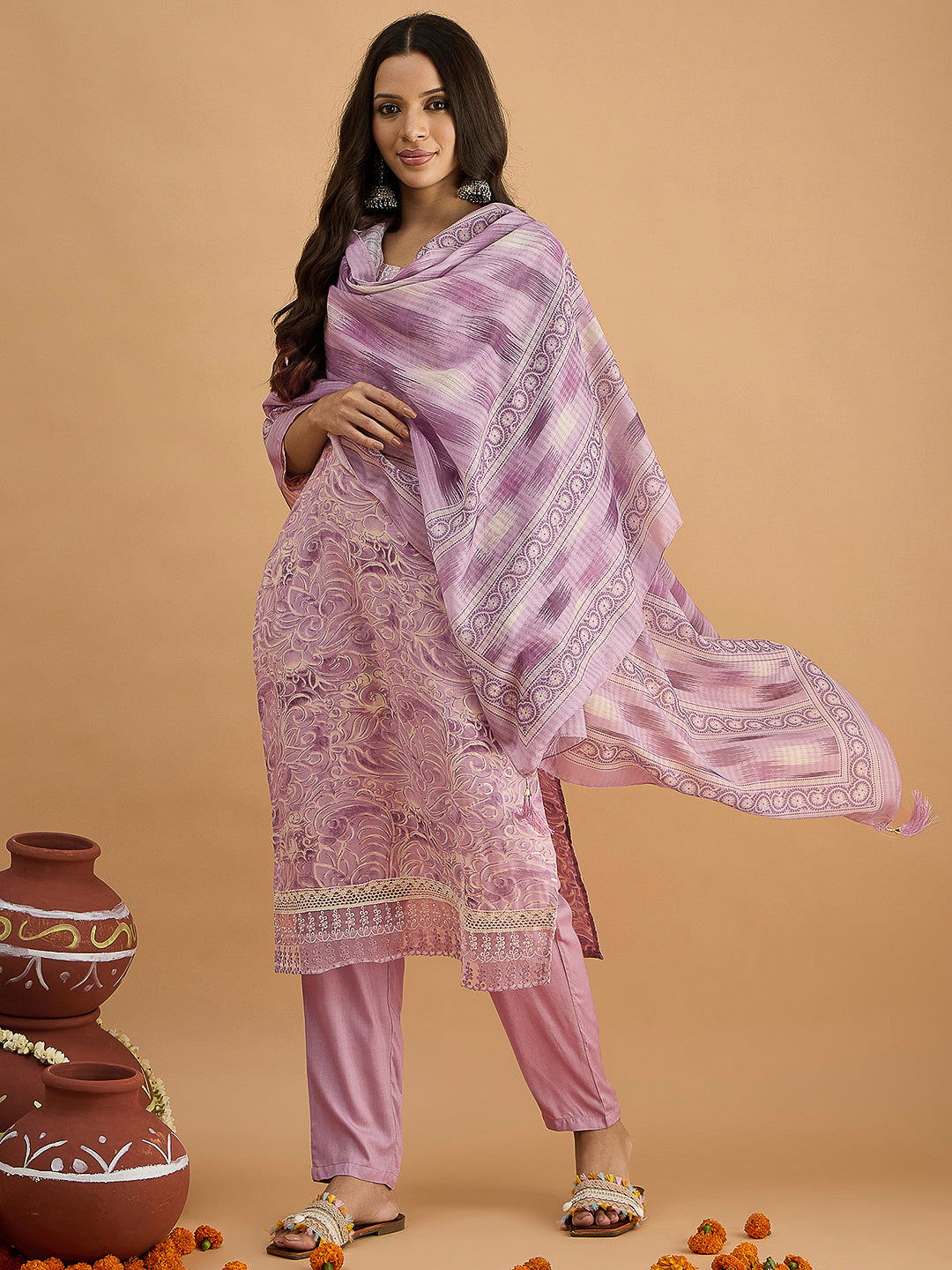 Purple Embroidered Cotton Blend Kurta With Pant &amp; Dupatta