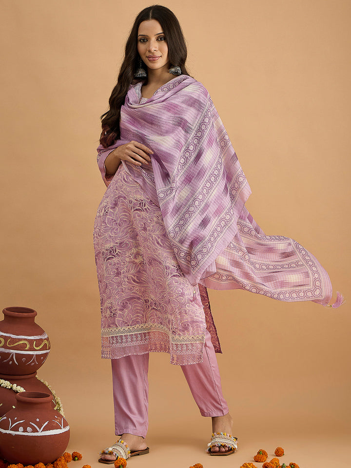 Purple Embroidered Cotton Blend Kurta With Pant &amp; Dupatta