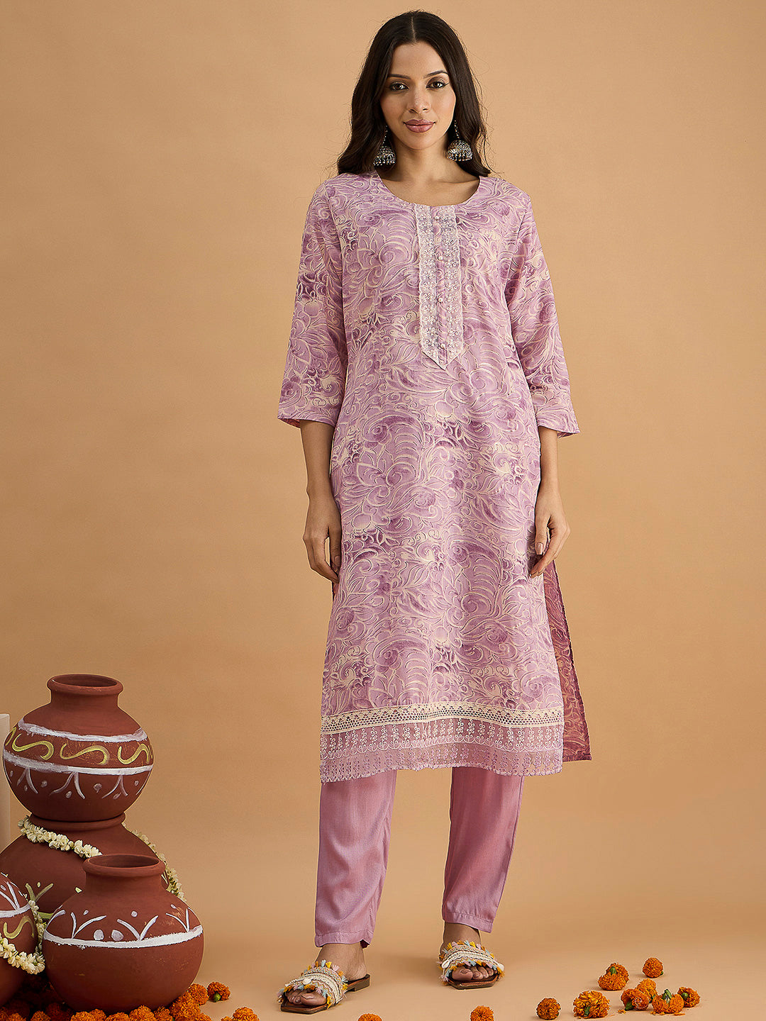 Purple Embroidered Cotton Blend Kurta With Pant &amp; Dupatta