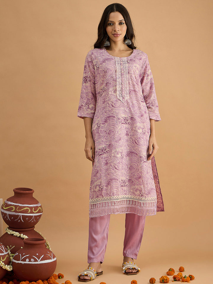 Purple Embroidered Cotton Blend Kurta With Pant &amp; Dupatta