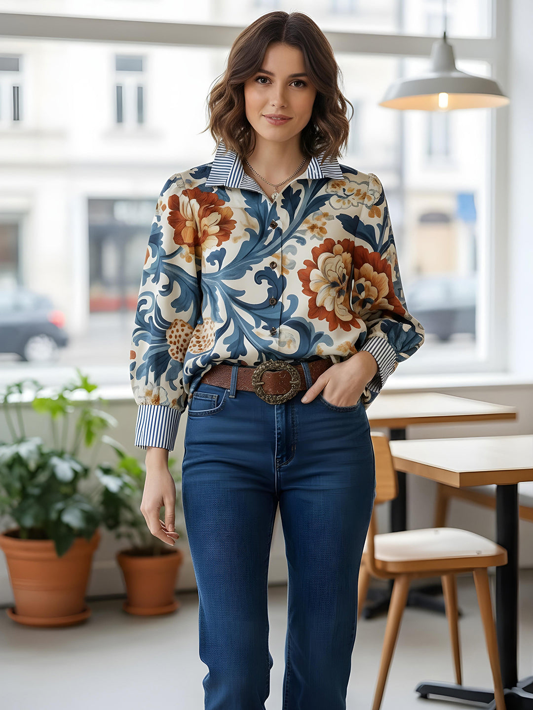 Blue Printed Cotton Blend Tunic Top