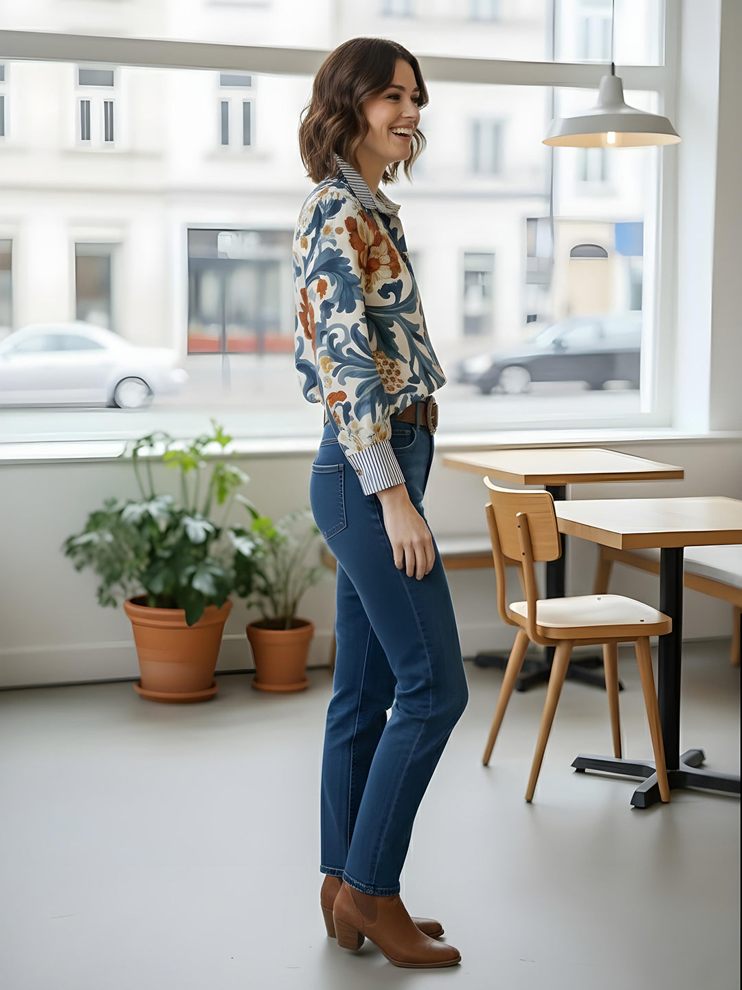 Blue Printed Cotton Blend Tunic Top