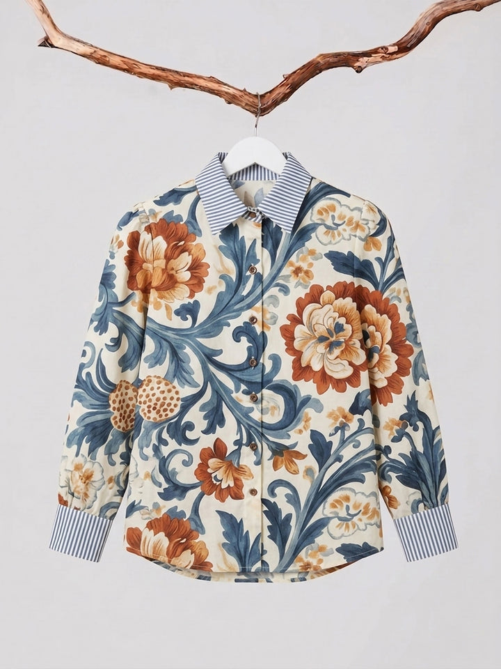 Blue Printed Cotton Blend Tunic Top