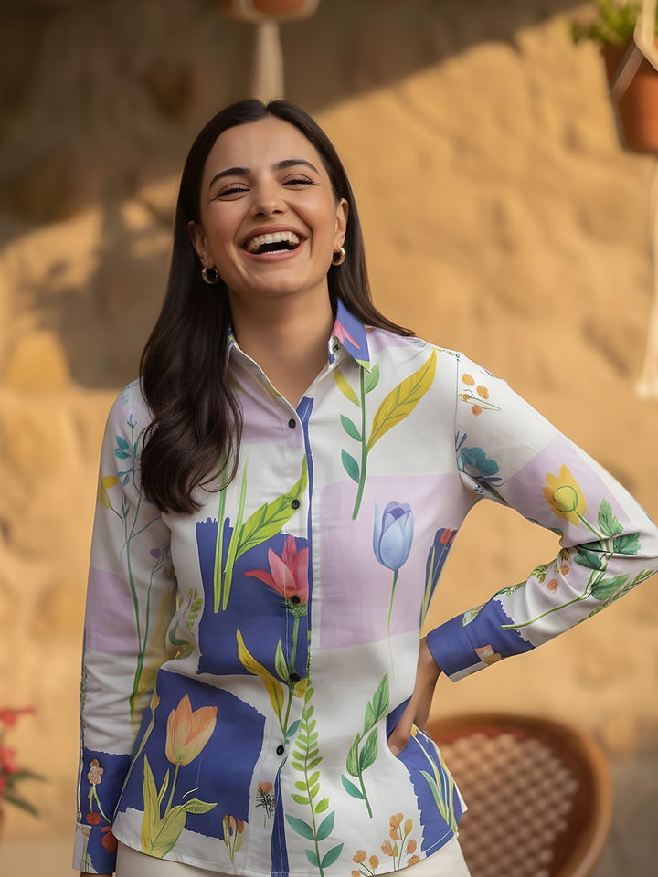 Purple Printed Cotton Blend Tunic Top
