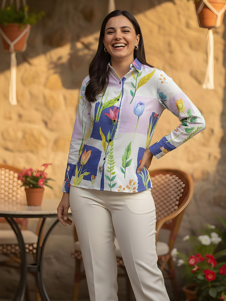Purple Printed Cotton Blend Tunic Top