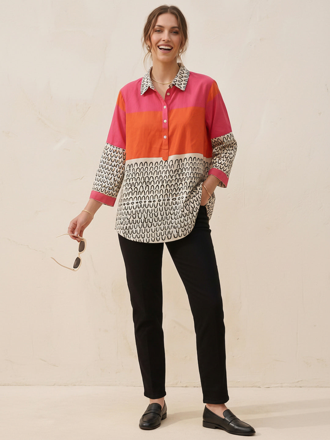 Pink-Orange Printed Cotton Blend Tunic Top