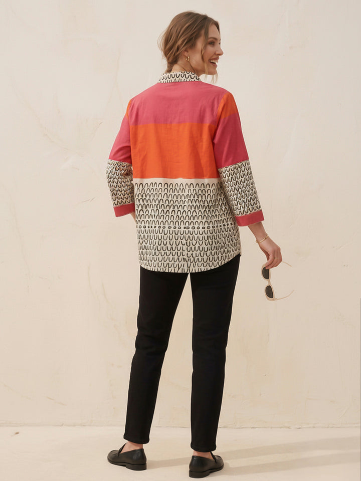 Pink-Orange Printed Cotton Blend Tunic Top