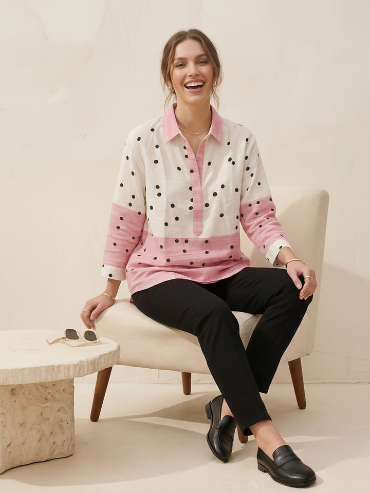 White-Pink Printed Cotton Blend Tunic Top