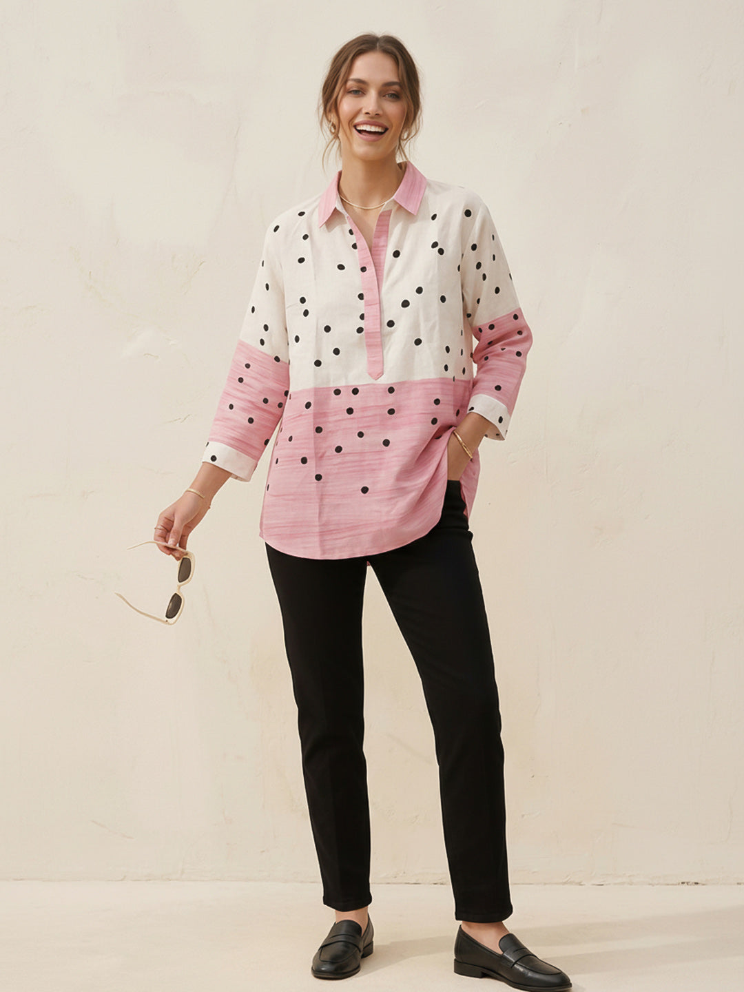 White-Pink Printed Cotton Blend Tunic Top