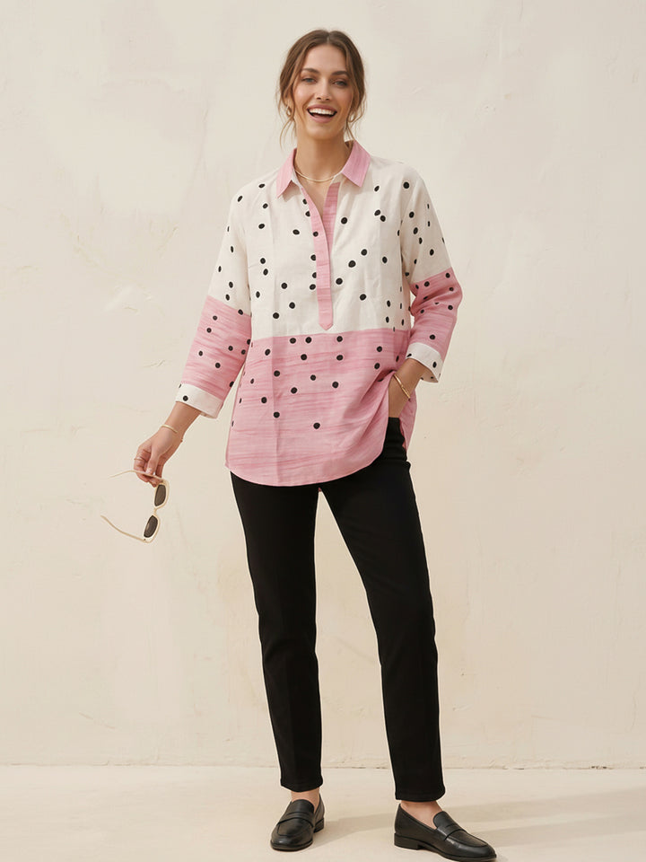 White-Pink Printed Cotton Blend Tunic Top
