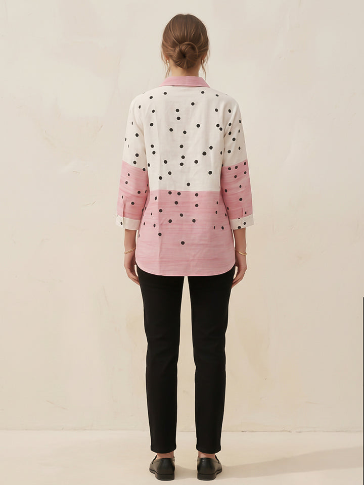 White-Pink Printed Cotton Blend Tunic Top
