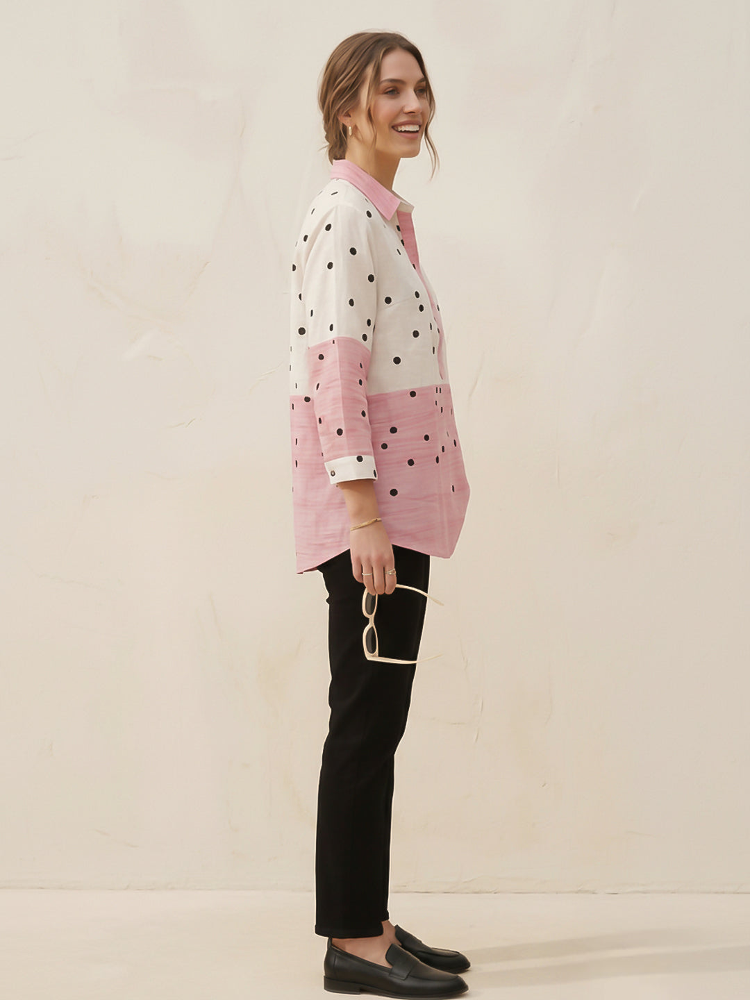 White-Pink Printed Cotton Blend Tunic Top