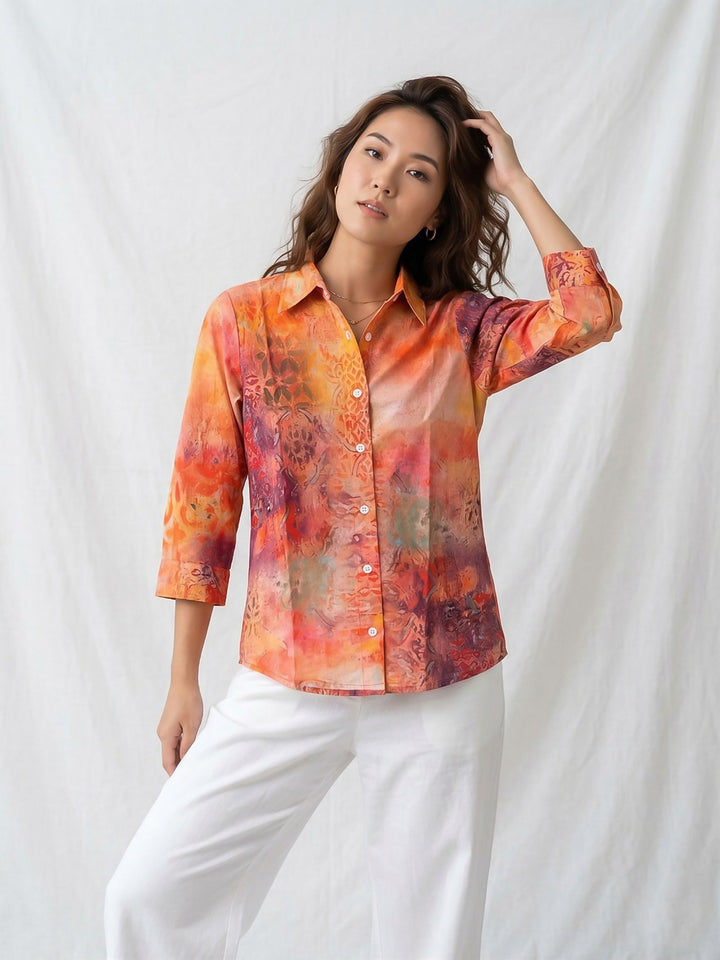 Orange Printed Cotton Blend Tunic Top