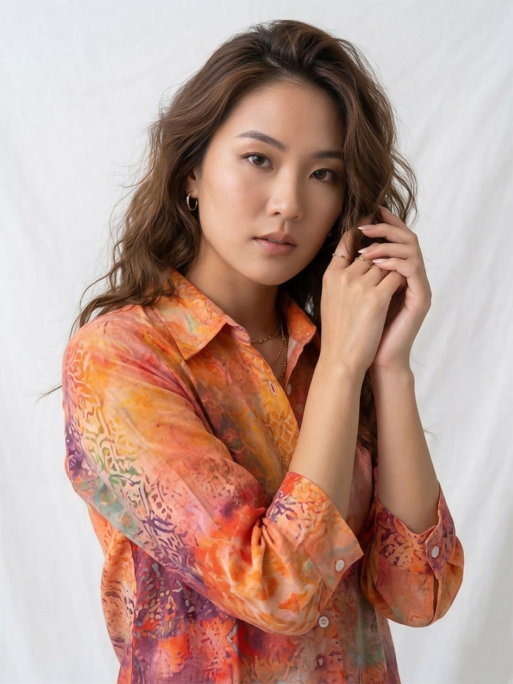 Orange Printed Cotton Blend Tunic Top