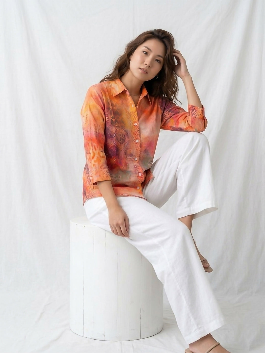 Orange Printed Cotton Blend Tunic Top