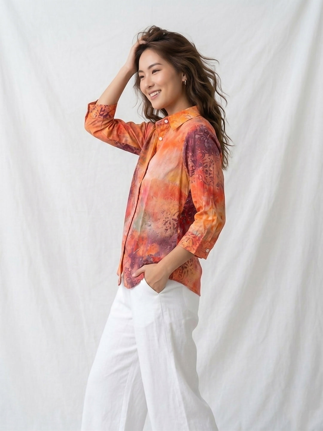 Orange Printed Cotton Blend Tunic Top