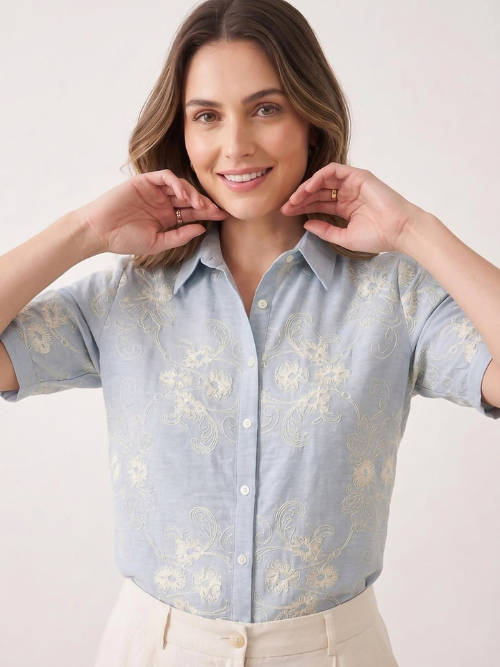 Blue Printed Cotton Blend Tunic Top